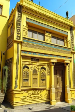 A light yellow house of mystery in a city in daylight designed in ancient Egyptian hieroglyphics