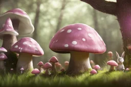 a cute fairy mushroom house pink and blue in the forest, spring time,rabbits, squirrels, flickering light, centered, high-quality, fine-detail, digital art, detailed matte, volumetric lighting, illustration, 3D octane render