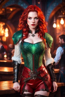 detailed eyes, pale skin, carefree attitude, female gorgeous, red wavy shoulder length hair, detailed glowing magical pattern leather clothing, glowing jade implanted on armor, 8k, high detail, tavern stage background, playing music, medieval, looking at viewer, front facing