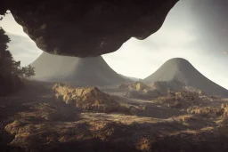 full landscape, city, in cave, volcano, atmospheric, realistic, unreal engine, cinematic lighting, octane render.