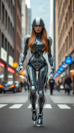 a photoshoot view fullbody all to feet beautifull Russian Supermodel long hair having humanoid body cyborg transparent visible glass shiny explore inside details machines mechanical parts,walking city street