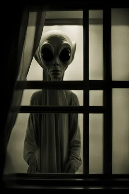 A dynamic shot of a grey alien peeking through a window at night, dark shadows and gauzy curtain blown by wind, shot with a film camera and wide angle lens, shot from a low position to add fear