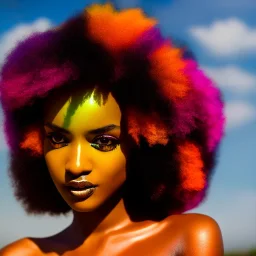 masterpiece, best quality, woman, dark skinned, sparkling eyes, fluorescent skin, colorful makeup, afro, highly detailed body, sun light, 4K, RAW, depth of field, high contrast, realistic details, 24mm