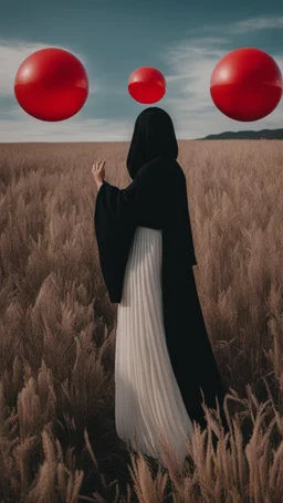 a no face woman with mask standing in a field holding red ball, inspired by Ren Hang, design milk, long black hair, whites, wanderers traveling from afar, trending on artisation, cloning spell, coat pleats, in twin peaks, submarine, by Helen Thomas Dranga, symetry, round-cropped, noire photo