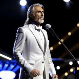 create a image showing Andrea Bocelli, resplendent in a crisp white suit, awaits a special guest on stage. Suddenly, Celine Dion emerges in a sparkling silver dress. Together, they deliver a history-making balladcreate a image showing Andrea Bocelli, resplendent in a crisp white suit, awaits a special guest on stage. Suddenly, Celine Dion emerges in a sparkling silver dress. Together, they deliver a history-making ballad