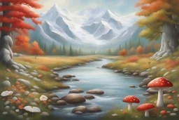 The image is divided vertically by a river, in which clocks flow instead of water. In the background are snow-covered mountains, on the left bank of the river an autumn forest with deciduous trees, and at the base of one of them a red mushroom with white spots. On the right bank of the river, a spring green meadow with wild flowers, butterflies fluttering, bunnies scurrying in sunshine. Watercolor on wet paper, soft strokes, shading pastel colors, reflection, mist, fog.