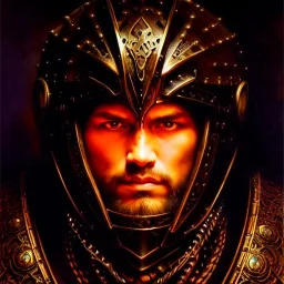 portrait 'Grunbeld-Berserk',ancient metal armor,glowing eyes ,painting by gaston bussiere, greg rutkowski, yoji shinkawa, yoshitaka amano, tsutomu nihei, donato giancola, tim hildebrandt, oil on canvas, cinematic composition, extreme detail,fit full head inside picture,16k