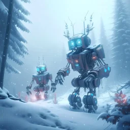 pixie robot hauling sled with presents in snowy misty forest, 8k, down-light, soft light, depth of field, photo realism, trending on art station, high detail