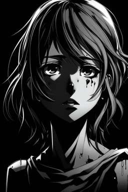 sad, numb, heartbroken, emotionless, black and white, disfigured anime girl with black background