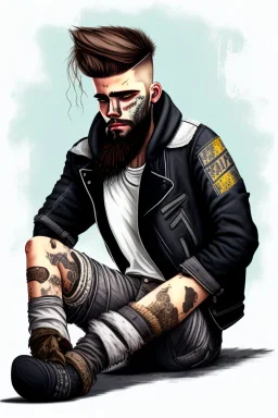 a very sad hurt swedish motorcycle young gang man with beard, he is covered all the body with bandage and are in deep pain, bandage all over him, cripple, lying on the floor