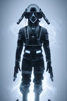 All Black female german soldier, ghost, wearing high tech mask, white smoke, dark, rage, sorrow, high definition, ultra 8 k, volumetric lighting, blue fire, fog