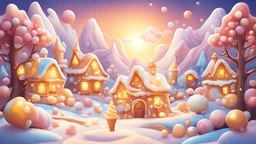 Golden color mouse in snowy candy forest, ice cream, houses with lights, candy mountains and beautiful sunset. cartoon style