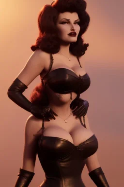 Rita Hayworth as evil queen in black leather, busty, cleavage, curvy, angry, stern look. character design by cory loftis, fenghua zhong, ryohei hase, ismail inceoglu and ruan jia. unreal engine 5, artistic lighting, highly detailed, photorealistic, fantasy