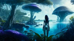 detailed matte painting of a wide-angle shot of a woman standing on the right-hand side of an alien beach, with dark hair in a silver robotic catsuit, many floating mushrooms with jellyfish tentacles, alien jungle trees in the distance, deep colour