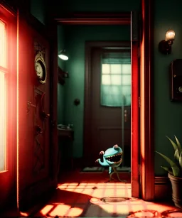 Wes Anderson photographer, night, room, monster peeking behind the ajar door, Ultra realistic, punk style, wide angle view, soft color, highly detailed, unreal engine 5, ray tracing, RTX, lumen lighting, ultra detail, volumetric lighting, 3d, finely drawn, high definition.