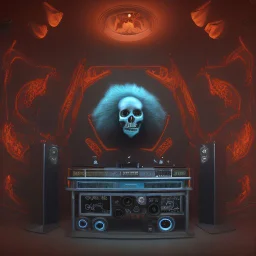 DJ of the damnded, insanely detailed DJ booth in hell, MID set, speakers and equipment made of bone, anatomically correct, add more skulls in th audience, photorealism, vray, 8k 3d, woofers in all empty eye sockets of stage equipment, wide angle, telephoto, from audience, all multicolored skulls,