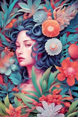 Paper craft in the style of plants and flowers by Ernst Haeckel Maria Sibylla Merian. Tristan Eaton, Victor Ngai, Artgerm, Ras, Ross Rees, Katie Butcher, Hajime Sorayama, Greg Toccini, Virgil Finley, Science fiction, Colors, Neon lighting. Digital painting, Pixiv, Ilya Kuvshinov, Neon lights, 3D , Perspective