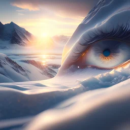 Photoreal close-up of a frozen eye reflecting snowy peaks at dawn