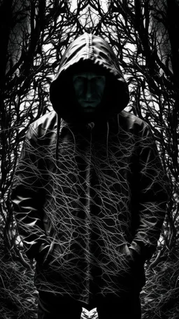 black vein, human veins, mixing together a lot of them, like a forest, big and small veins a lot of them, in the middle a scary hooded creatur