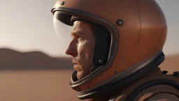 man with astronaut helmet close up photo realistic-cinematic, female with astronaut helmet, Eye Level Shot, menace coming, sand - storm, mars desert, peach light, movie still --ar 16:9 --style raw