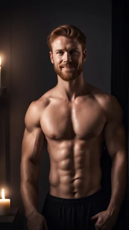 Hyper Realistic Photographic Long Shot View of A (french Beard) Manly Muscular Extremely Handsome Shirtless Ginger Man (Age 35 with Short Hair) Showing His Muscular Smooth Chest with a black towel, Standing & Giving a Light Bold Smile Seductively Against The Wall Inside His Bedroom With Ceiling Lights & Candles In Bedroom With Smoky Environment At Dark Night Showing Dramatic & Cinematic Ambiance.