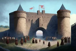 Germanic fortress from the 1500s with people at the gates