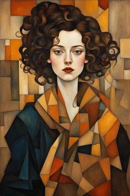 Woman in the cubism style of argon Schiele + Gustav Klimt. Rich, lovely colors, full cubism style