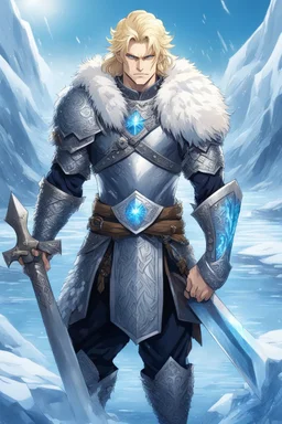 1 anime man. warrior, with blue eyes and blonde hair man in silver Viking armor with fur around the neck with blue crystal on his chest, standing in water in the artic, holding a ice axe, warrior in, anime style