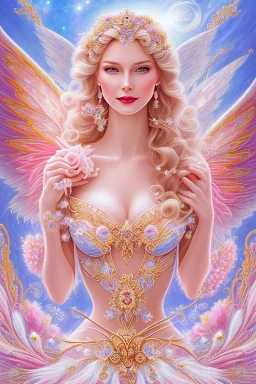 Magnifique woman, lady fairy, facing happy, voluptuous white, pink enchanted flowers, wings magic, long big dress, pink outerspace stars planets, Beautyful smiling, young woman, long hair amazing blue eyes, flowers, happy cosmic, bright colors, blue, pink, gold, jewels, realistic, photo real, clear sunny background, highly detailed, high contrast, 8k high definition, unreal engine 5, extremely sharp detail, light effect, sunny light background