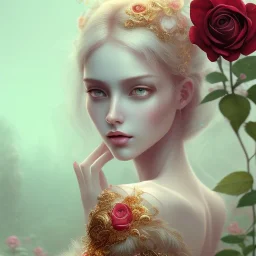 red rose beautiful girl,utra realistic,highly detailed, gold, pink, jewels, lace, masterpiece, delicate detailed, sharp focus, insanely detailed, fantasy art, intricate detailed, elegant, fog, Special Lighting, Vibrant, color Scheme, forest, unreal engine 5, trending on artstation