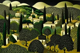 A black village in a shadow realm designed in ancient Greek mosaics painted by Henri Rousseau