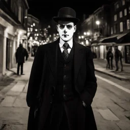 very grainy discolored modern photo, closeup portrait, dark night street with no lights, grunge, male with chalk-white skin wearing a 1910's costume, elegant, knowlegeable