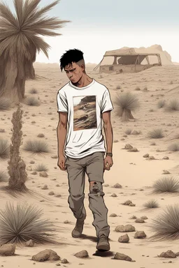 A wounded 25-year-old boy in a men's sports tee is walking in the desert with his head down, smoking a cigarette, and a scene of destruction is unfolding behind him