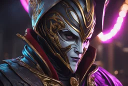 Jhin in 8k live action artstyle, mask, wapen, close picture, neon lights, intricate details, highly detailed, high details, detailed portrait, masterpiece,ultra detailed, ultra quality