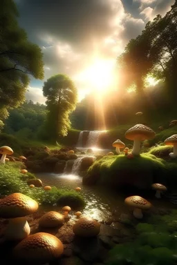 fees,clairiere lumineuse ,arbres , champignons ,nuages, cascade
