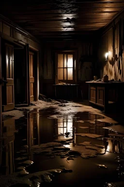 Ghost flooding in a derelict house, night, dark room, brown colours, creepy