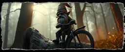 style John Atkinson Grimshaw,3d airbrush render, cut out darkling slender gnome sitting on a huge log on a huge bike with bright aura , pinhole cam, airbrush 3d rendering, torn edges on border