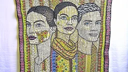 Make a Wide Fabric Panel of 5 portraits, weave with threads, tapestry