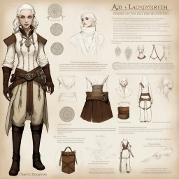 character concept sheet with AD&D statistics and characteristics, [illustration by Pan's Labyrinth (2006)] a ranger: her leather bracelets and corset, like a second skin of dark magic Her pale skin and white hair shimmered like moonlight. Clad in a white tunic, brown pants, and a leather belt with mysterious pouches, she stands, her silver dagger in hand.