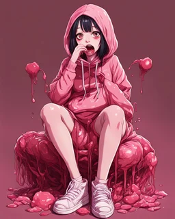 Anime girl crushed inside really darkred fleshy stomach filled with digestive juices, sit pose, fullbody, serius, tears, Junji Ito style, pink tones, pastel tetradic colors, 3D vector art, isometric style, retro aesthetic,rolling eyes, tongue out, saliva drip, open mouth,toph bei fong, croppedhoodie, underboob, mountainous horizon, 1girl, toph, bangs, black hair, blind, grey eyes, hair between eyes, hair bun, hairband, short hair, cropped hoodie underboob, cropped hoodieunderboobhoodie