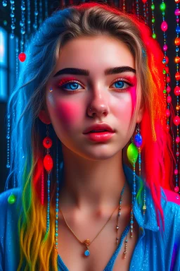 beauty teenager girl, octane render, HDR, beautiful girl, ultra detailed eyes, mature, plump, thick, Opal drops, paint teardrops, woman Made up from paint, entitely paint, splash, long colored hair, blouse made from paint, ultra detailed texture, blouse, oplaescent paint blouse, paint bulb, water drops, (hair ornaments, earrings, flowers, hair ornaments, dragonfly hair ornaments), outdoors, jasmine trees, vivid colors, sitting, bangs pinned back, 8K