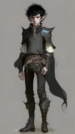 boy elf,he has curly, black hair and sharp cheekbones. His eyes are black. He wears fantasy medieval clothes. he is lean and tall, with pale skin, full body with boots, full body back view