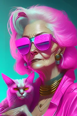 93 year old woman from Cyberpunk2077 universum with ligh pink blond hair, futuristic pink sunglasses and her cat