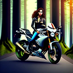 Very attractive woman sitting on a motorcycle. The bike is Yamaha. In the background is a forest. Big detail on the legs. Realistic details. Photorealistic. 4K. Wide-angle lens.