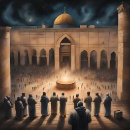 Hyper Realistic Painting of areal view of Palestinian men worshipping outside Al-Aqsa Mosque at night with celebration lights on a vintage rustic grungy paper