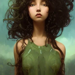 alien girl, cute, beautiful, long hair, curly hair, black hair, slim body, brown eyes, big eyes, green skin, turquoise dress, head and shoulders portrait, fantasy, 8k resolution concept art portrait by Greg Rutkowski, Artgerm, WLOP, Alphonse Mucha dynamic lighting hyperdetailed intricately detailed