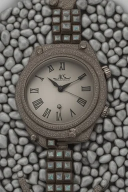 Silver wristwatch studded with precious stones containing the word jiks