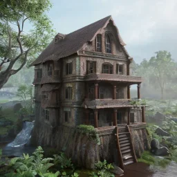 House waterfall made of chocolate is flowing, unreal engine