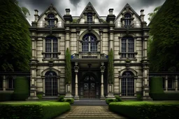 old british english castle mansion, symmetrical, huge, cloudy grey sky, rain, details, huge wooden front door, green garden alley infornt tiny violett flowers, hyper realistic, high resolution details