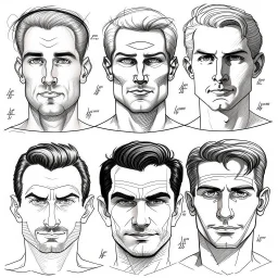 About drawing these features of a man's face Eyes: almond-shaped, medium-sized with defined eyelids and a direct and steady look. nose: a nose with prominent features, straight and with a slightly pointed tip, which can be described as a Roman nose. Mouth Medium width with defined lips, neither too full nor too thin. Eyebrows: Naturally dense and curved, to match the shape of the face. Mustache: dense and arched following the shape of the upper lip.Chin and jaw: A prominent chin and defined j
